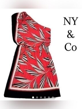 New/W Tags Red One Shoulder Leaf Print Dress gathered Waist date Night Size XL